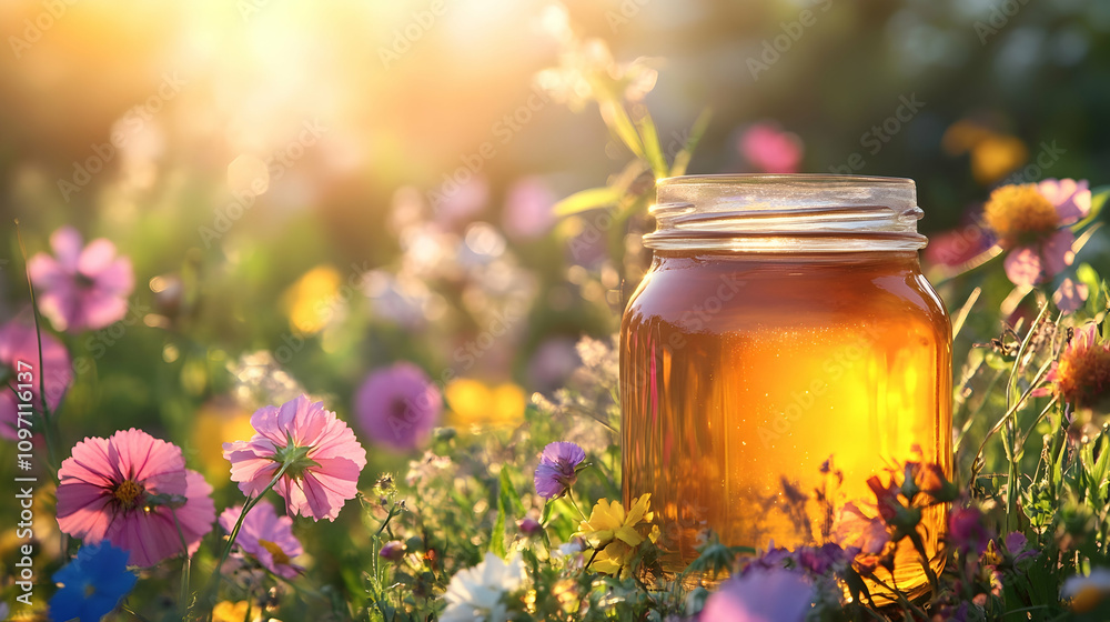 Jar of Honey Surrounded by Colorful Flowers in Sunlight