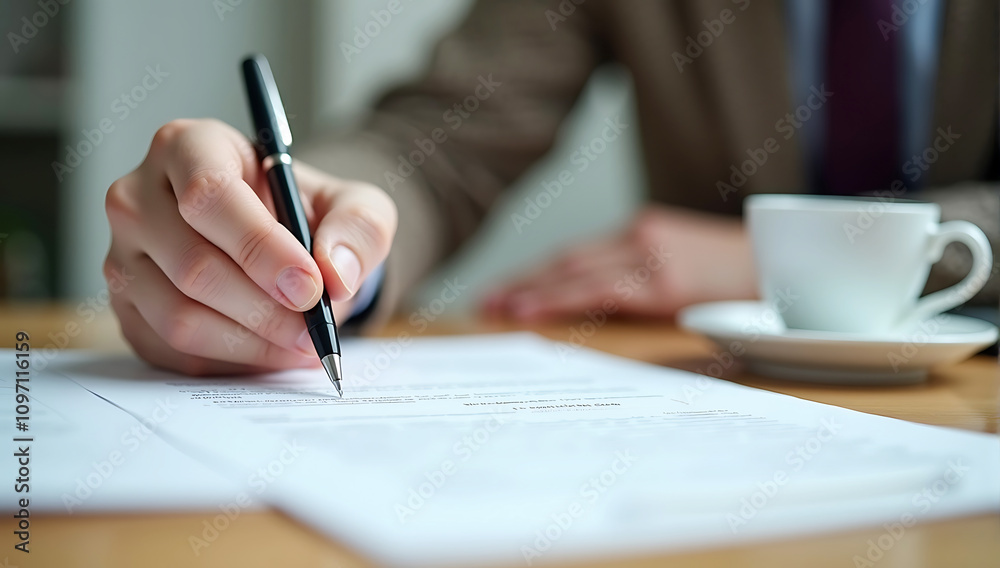 A close-up of a hand holding a pen, signing a professional contract on a wooden desk with documents and a cup of coffee blurred in the background. A close-up of a hand holding a pen, signing a professional contract on a wooden desk with documents and a cup of coffee blurred in the background.