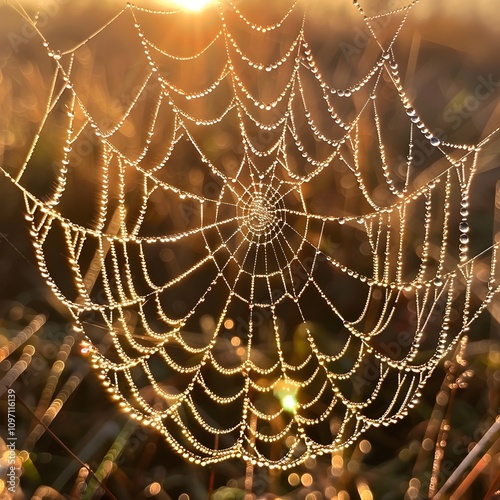 Summer Solstice Morning DewCovered Spiderweb Shimmering in Morning Light