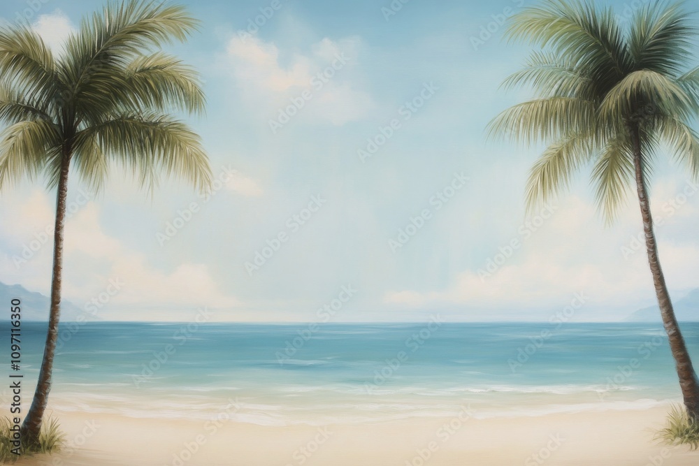 Peaceful beach landscape with palm trees under a clear sky and gentle waves Peaceful beach landscape with palm trees under a clear sky and gentle waves