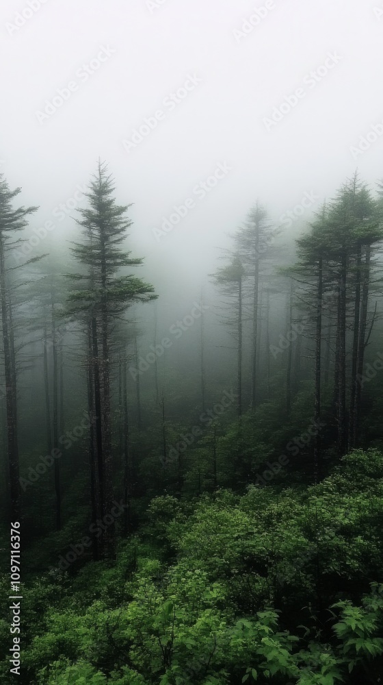 Misty forest landscape with evergreen trees in early morning light Misty forest landscape with evergreen trees in early morning light