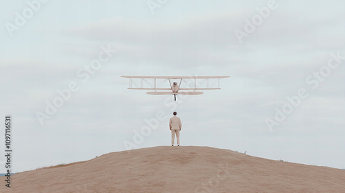 Recreation of the Wright brothers first flight at Kill Devil Hills demonstrating early aviation history and innovation