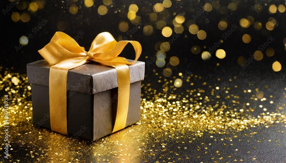 Gift Box with Golden Ribbon on Black Background Surrounded by Glittering Particles – Elegant Black Friday Sale Banner Concept for Promotions and Marketing Campaigns. Gift Box with Golden Ribbon on Black Background Surrounded by Glittering Particles – Elegant Black Friday Sale Banner Concept for Promotions and Marketing Campaigns.