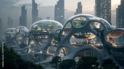 Industrial innovations design with 3D printing in future cities featuring futuristic architecture and construction methods #1097116761