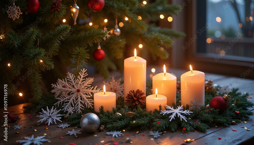 Elegant Christmas aesthetic in soft gold hues, showcasing shimmering candles, graceful snowflakes, a beautifully adorned tree, and bokeh lights. Ideal for holiday cards, banners, and social media cont Elegant Christmas aesthetic in soft gold hues, showcasing shimmering candles, graceful snowflakes, a beautifully adorned tree, and bokeh lights. Ideal for holiday cards, banners, and social media cont