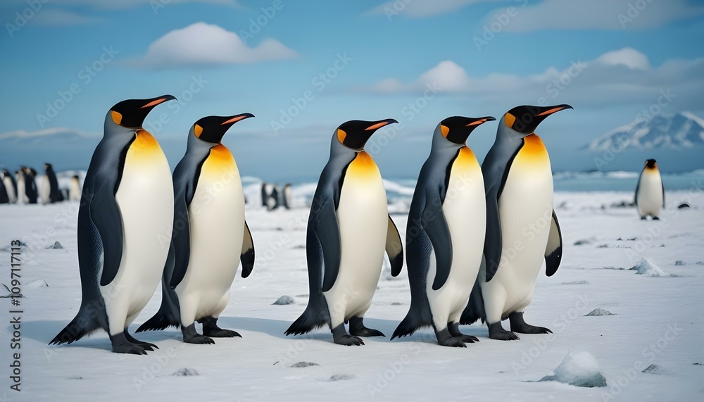 Fototapeta premium Un grupo de pingüinos rey parados en una playa nevada con un cielo azul de fondo