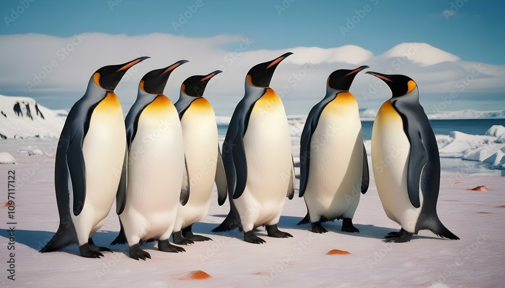 Fototapeta premium Un grupo de pingüinos rey parados en una playa nevada con un cielo azul de fondo