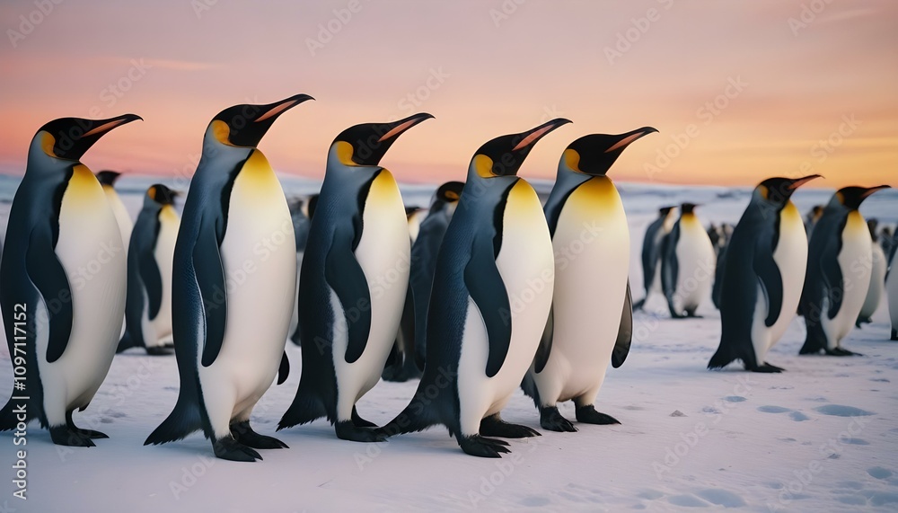 Obraz premium Un grupo de pingüinos rey parados en una playa nevada con un cielo azul de fondo