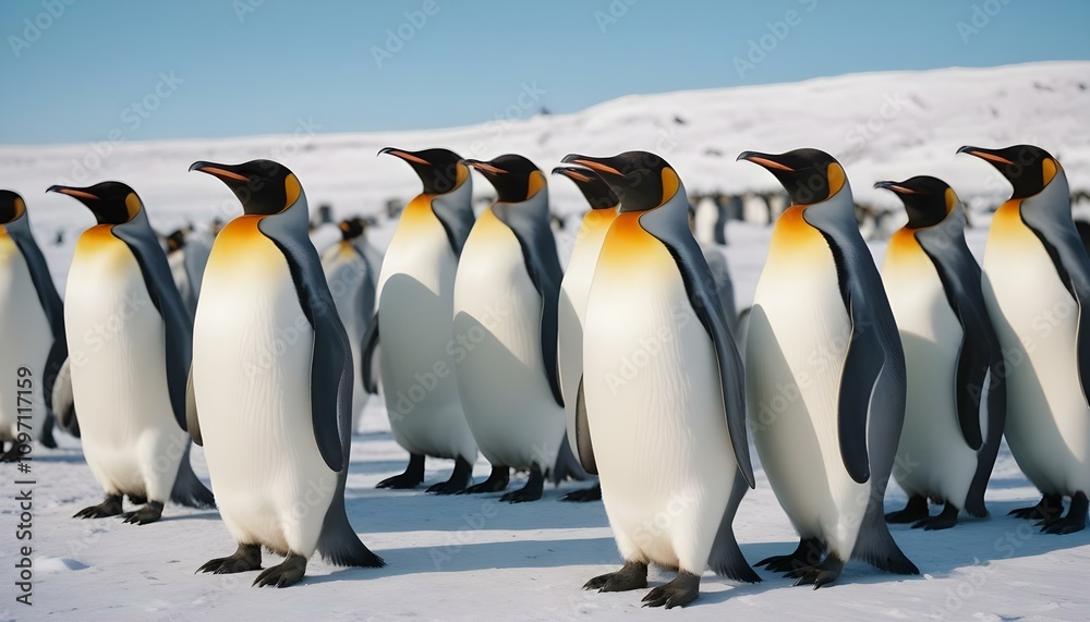 Obraz premium Un grupo de pingüinos rey parados en una playa nevada con un cielo azul de fondo