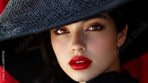 Close-up Portrait of a Woman with Red Lipstick and a Wide-Brimmed Hat