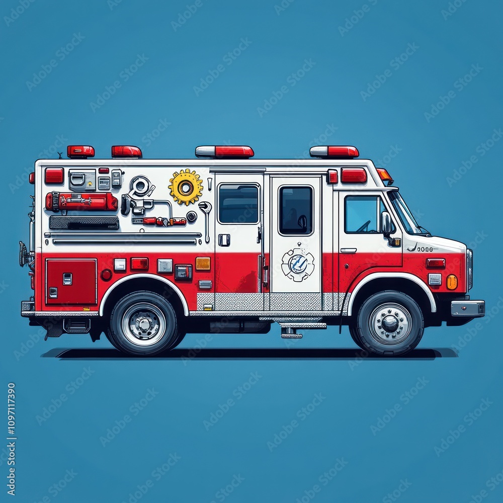 A side view of a detailed emergency ambulance with various medical equipment and lights. A side view of a detailed emergency ambulance with various medical equipment and lights.