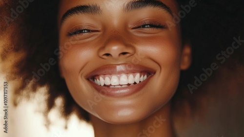 Closeup Portrait of a Smiling Black Woman with radiant skin and Healthy Teeth