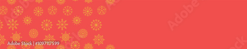 Horizontal Christmas banner with red background and yellow gold snowflakes seamless pattern.