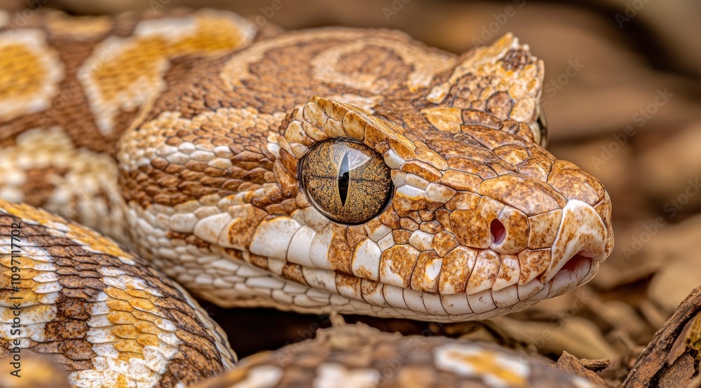 Close-up of a patterned snake, showcasing its intricate scales and striking eyes. Close-up of a patterned snake, showcasing its intricate scales and striking eyes.