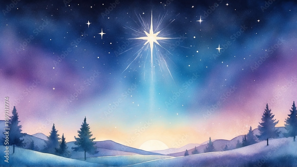 Christmas star shining over serene landscape at dawn in vibrant watercolor style Christmas star shining over serene landscape at dawn in vibrant watercolor style