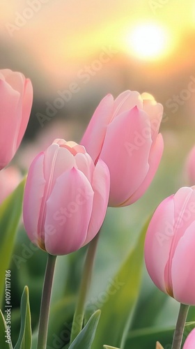 Spring garden filled with blooming pink tulips during sunset
