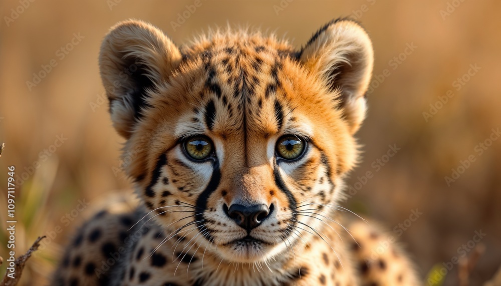 Obraz premium Close-up portrait of a cheetah cub with striking eyes and distinctive spotted fur in natural habitat