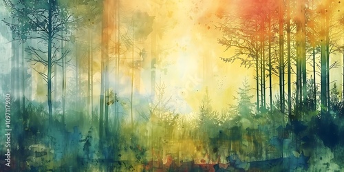 Artistic conception of beautiful landscape painting of nature of forest, background illustration, tender and dreamy design.