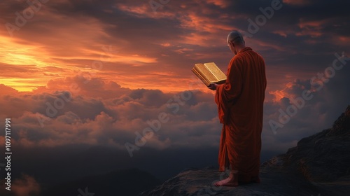 Monk Reading at Sunset: A Serene Moment of Spiritual Reflection