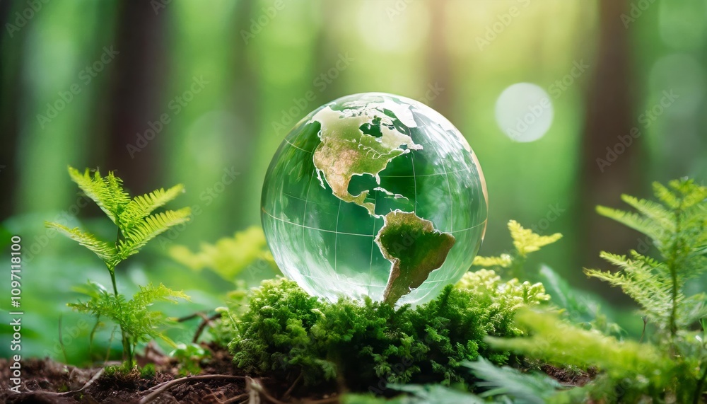 Glass globe surrounded by vibrant green forest plants, embodying themes of ecological preservation, environmental harmony, sustainability, and a commitment to natures protection and balance. Glass globe surrounded by vibrant green forest plants, embodying themes of ecological preservation, environmental harmony, sustainability, and a commitment to natures protection and balance.