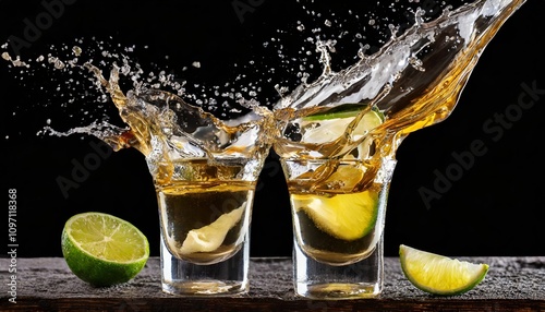 Vivid close-up of tequila shots making a celebratory toast with dynamic splash motion, isolated on transparent or white background, embodying elegance and the spirit of celebration. photo