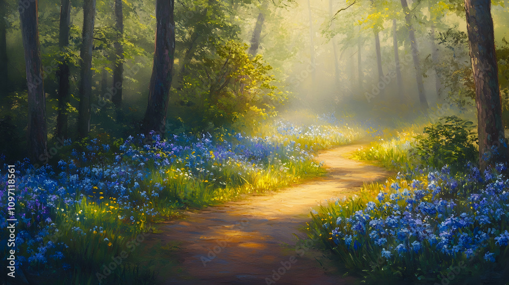 Fototapeta premium Sunlit forest path bordered by vibrant blue wildflowers, inviting exploration.illustration
