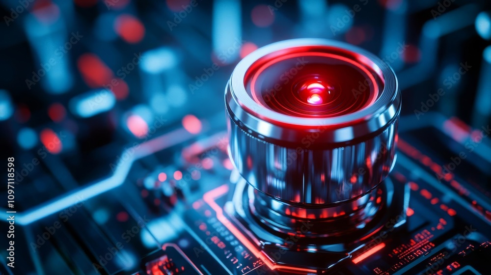 A futuristic drone camera with a metal lens glowing red, surrounded by advanced circuitry, futuristic drone lens, tech-forward A futuristic drone camera with a metal lens glowing red, surrounded by advanced circuitry, futuristic drone lens, tech-forward