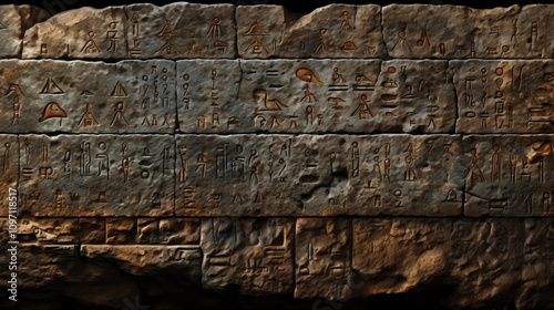 Intricate carvings of ancient scripts, featuring Egyptian, Sumerian, and Babylonian symbols, steeped in mystery.