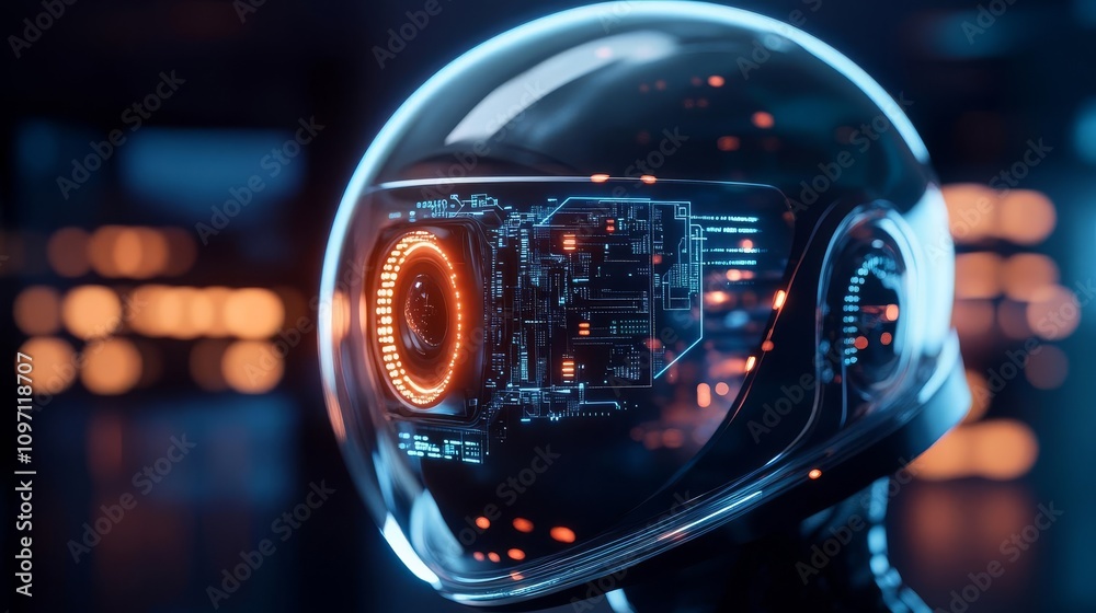 A futuristic lens integrated into a sci-fi helmet, glowing softly with internal circuitry visible, sci-fi helmet lens, future vision A futuristic lens integrated into a sci-fi helmet, glowing softly with internal circuitry visible, sci-fi helmet lens, future vision