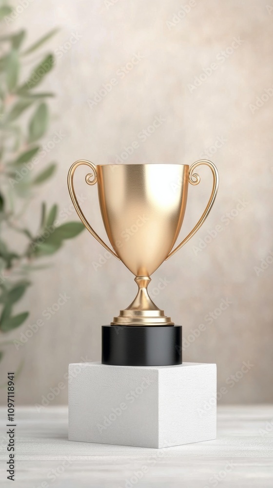 Golden trophy on a white pedestal against a soft background with plants Golden trophy on a white pedestal against a soft background with plants