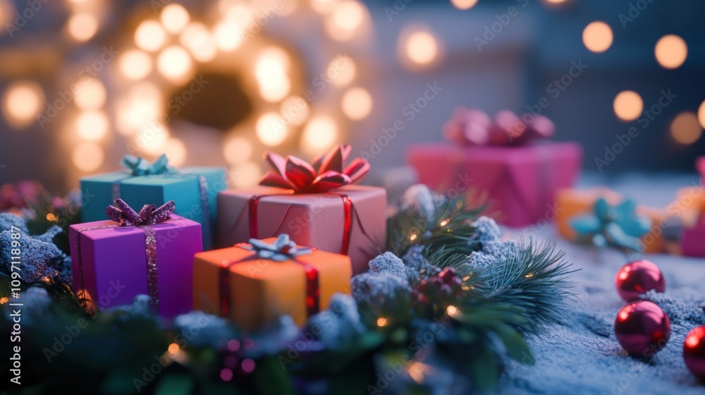 Colorful Christmas Presents Nestled In Festive Winter Scene Colorful Christmas Presents Nestled In Festive Winter Scene