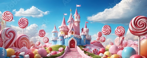 Colorful candy kingdom with a pink castle and whimsical lollipops under a bright sky