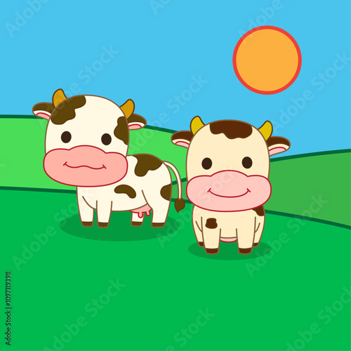 square type background created by two cute cows in flat style