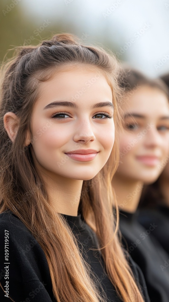 Group of young girls posing together outdoors in warm sweaters during golden hour Group of young girls posing together outdoors in warm sweaters during golden hour