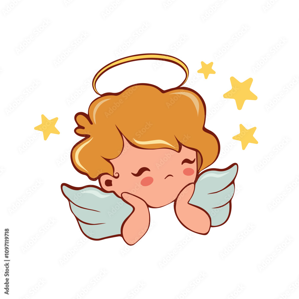 Adorable little angel with halo, wings surrounded by stars - vector illustration Adorable little angel with halo, wings surrounded by stars - vector illustration