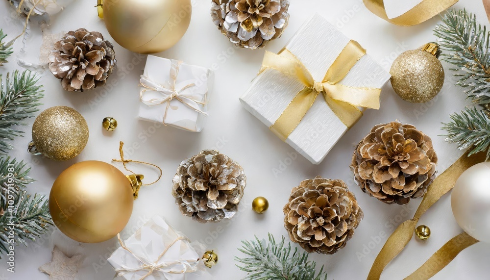 Elegant gold and white Christmas flat lay mockup background featuring stylishly arranged presents, pine branches, and festive decor perfect for product photography, branding, or seasonal Elegant gold and white Christmas flat lay mockup background featuring stylishly arranged presents, pine branches, and festive decor perfect for product photography, branding, or seasonal