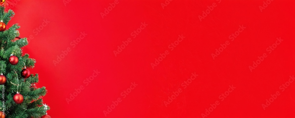 Christmas tree adorned with ornaments in front of vibrant red wall during holiday season Christmas tree adorned with ornaments in front of vibrant red wall during holiday season