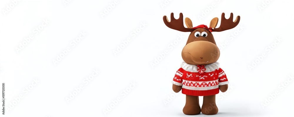Cute holiday moose character wearing a festive sweater standing against a white background Cute holiday moose character wearing a festive sweater standing against a white background