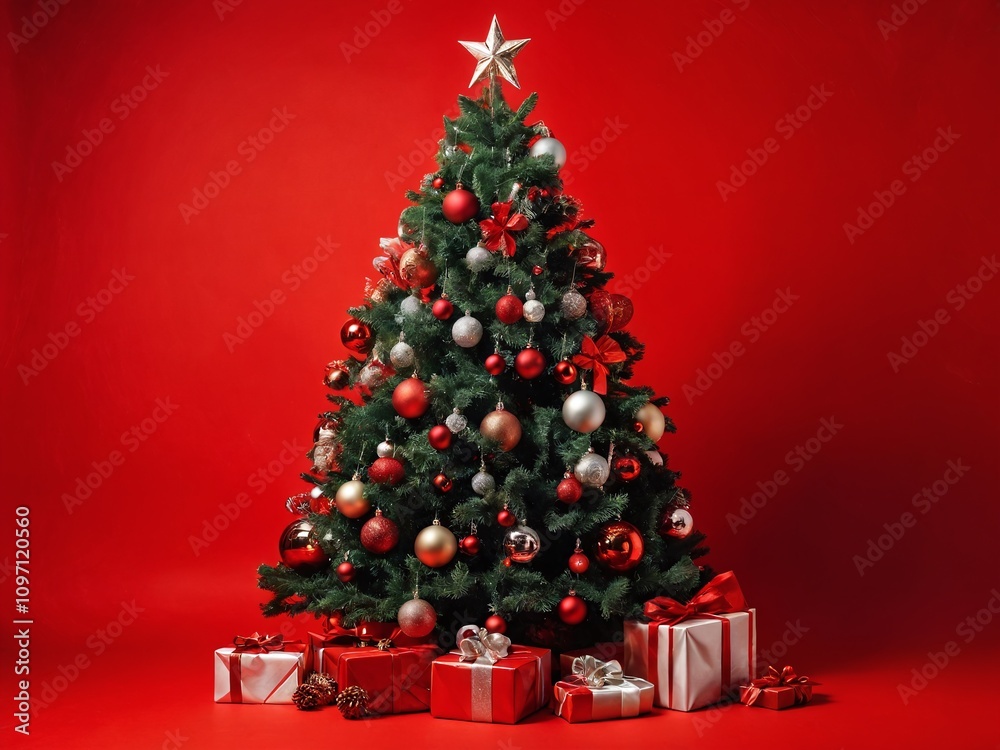 Festive Christmas tree adorned with ornaments and gifts in front of a bright red background Festive Christmas tree adorned with ornaments and gifts in front of a bright red background
