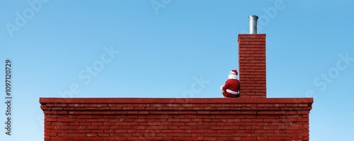 Santa Claus preparing to descend the chimney on a sunny day in December