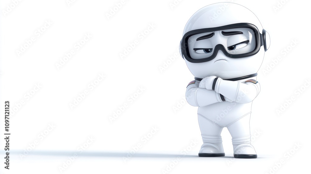 A cartoon character in a white suit with goggles, looking skeptical and confident. A cartoon character in a white suit with goggles, looking skeptical and confident.