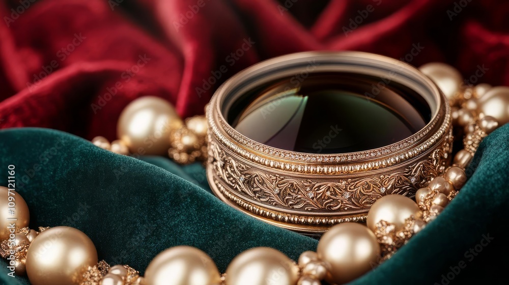 A luxurious engraved metal lens in a jewelry-like composition, surrounded by velvet and gold accents, jewelry lens, opulent detail A luxurious engraved metal lens in a jewelry-like composition, surrounded by velvet and gold accents, jewelry lens, opulent detail