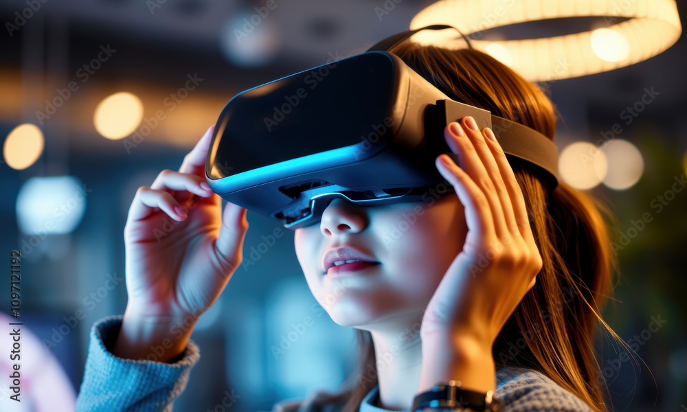 woman wearing virtual reality goggles, immersed in digital experience, showcasing modern technology and innovation. atmosphere is vibrant and engaging woman wearing virtual reality goggles, immersed in digital experience, showcasing modern technology and innovation. atmosphere is vibrant and engaging