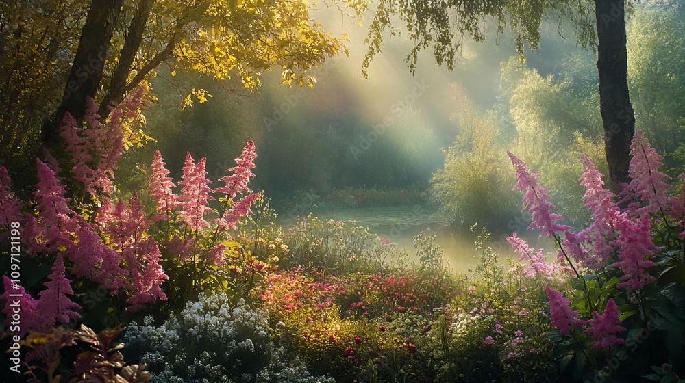 Vivid blooms of astilbe, awash in vibrant hues, emerge amidst the verdant tapestry of a summer landscape, their ethereal beauty captured in a soft-focus composition. Vivid blooms of astilbe, awash in vibrant hues, emerge amidst the verdant tapestry of a summer landscape, their ethereal beauty captured in a soft-focus composition.