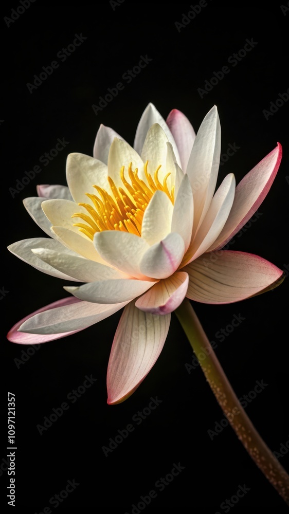 Delicate White Lotus Flower With Yellow Stamens Against a Dark Background. Generative AI Delicate White Lotus Flower With Yellow Stamens Against a Dark Background. Generative AI