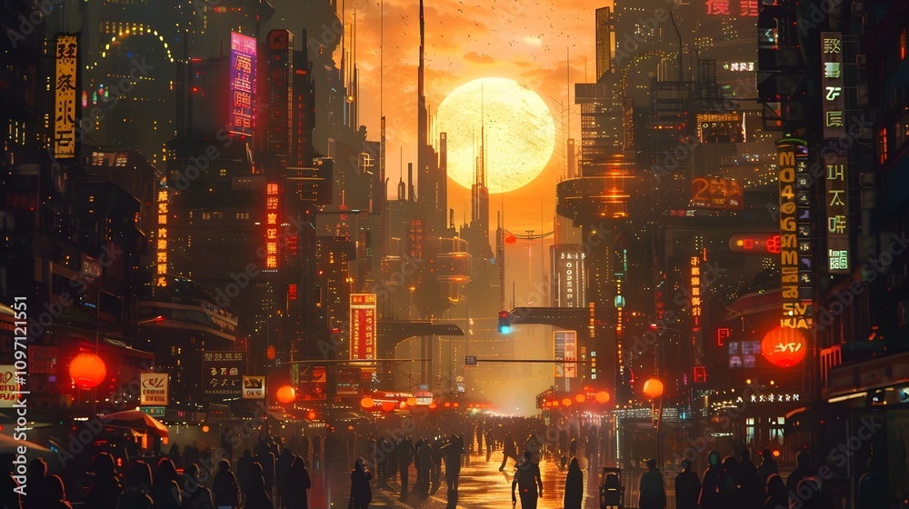 Fototapeta premium Summer Solstice Sun Ignites Surreal Cityscape with Vibrant Neon Life