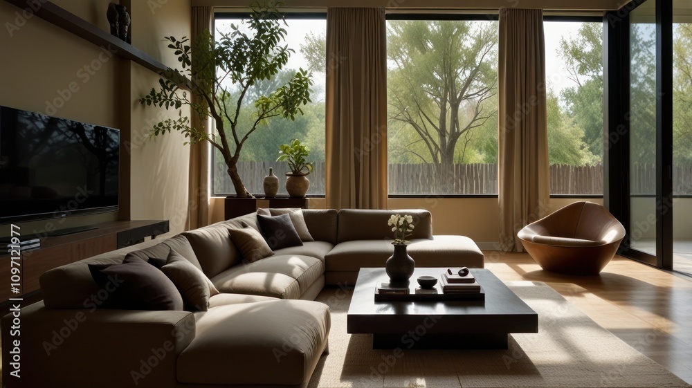Modern minimalist living room with large windows, sectional sofa, and wooden coffee table. Modern minimalist living room with large windows, sectional sofa, and wooden coffee table.
