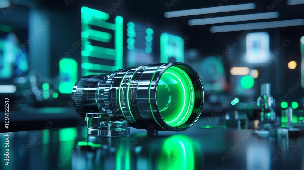 A metallic lens glowing green in a sci-fi lab setting, holographic displays in the background, sci-fi green lens, innovative future A metallic lens glowing green in a sci-fi lab setting, holographic displays in the background, sci-fi green lens, innovative future