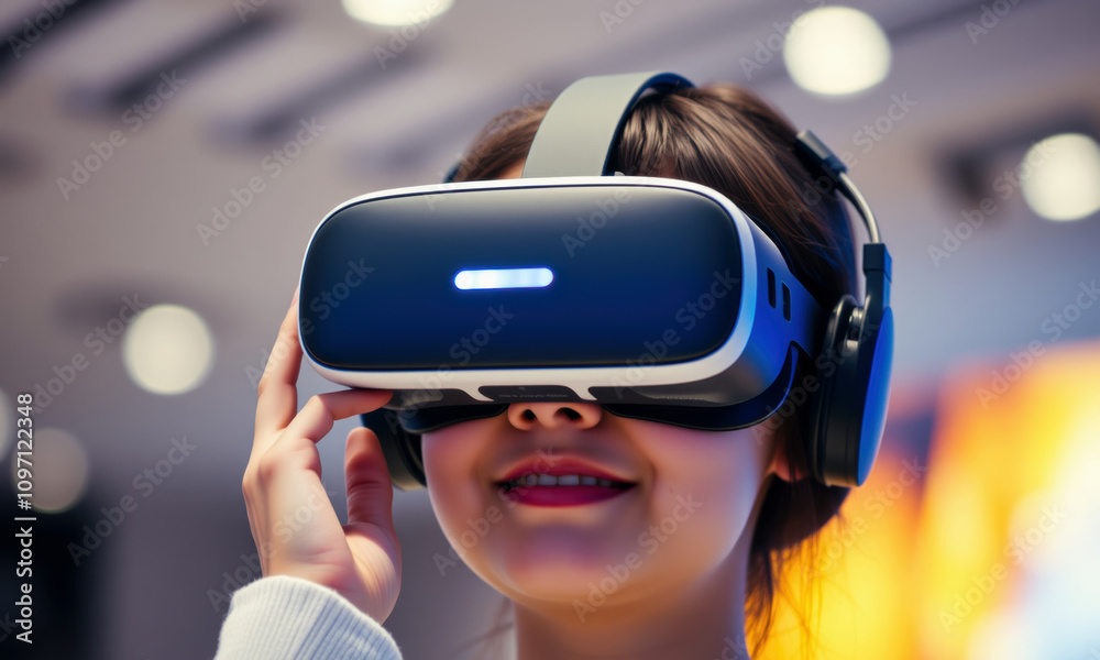Immersed in virtual world, woman wears VR goggles and headphones, showcasing excitement of modern technology