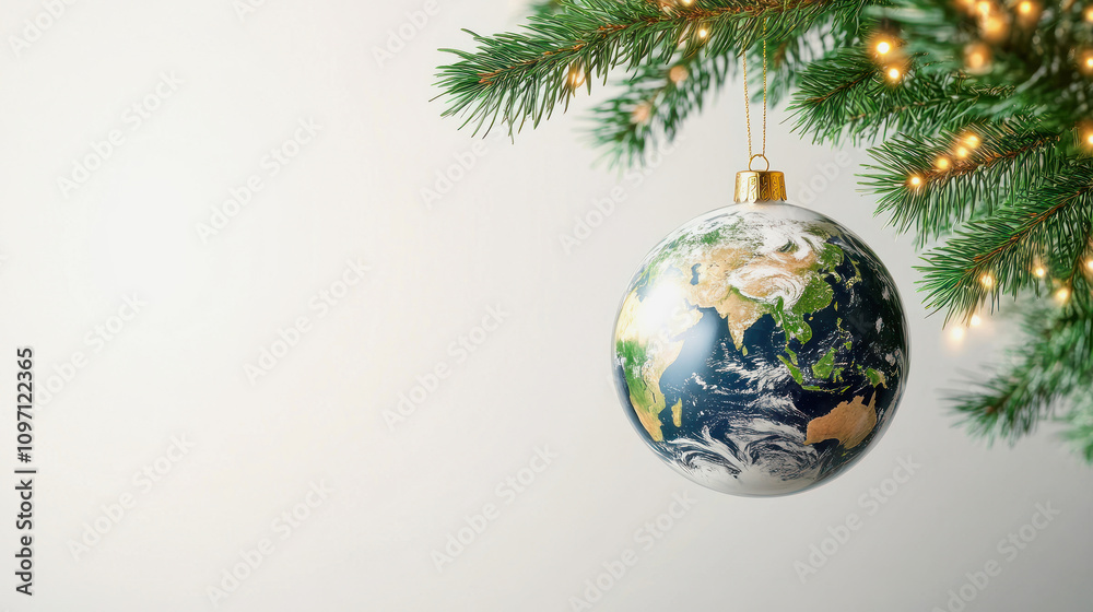 Christmas ornament depicting planet Earth hanging from a festive tree branch. Generative AI